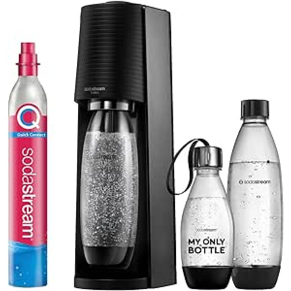 SodaStream TERRA Value Pack ūdens karbonators ar CO2 cilindru, 2 x 1 l trauku mazgājamām mašīnām paredzētas plastmasas pudeles un 1 x 0,5 l trauku mazgājamajā mašīnā mazgājamā plastmasas pudele, augstums 44 cm, melna