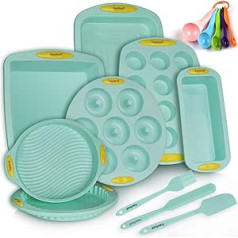 15 in 1 Non-Stick Silicone Baking Molds BPA Free Food Grade Muffin Donuts Pizza Tiramisu Cake Cookware Set with Yellow Hanlde Handle for Oven