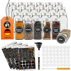 Cuccinara® Spice Jars Set [Square - Pack of 12 I 120 ml - 10.5 cm x 4.3 cm] with Spice Labels, Shaker Insert and White Chalk Pen for Labelling the Labels I Silicone Funnel + Cleaning Brush