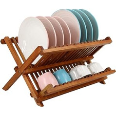 Utoplike Teak Foldable Drain Rack, Can Hold Plates and Cups, 2-Layer Dish Drainage Rack