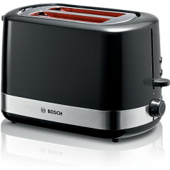 Bosch Compact Toaster TAT6A513, Integrated Bun Attachment, with Automatic Shut-Off, with Defrost Function, Perfect for 2 Slices of Toast, Lift Function, Bread Centring, 800 W, Stainless Steel/Black