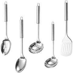 ALEOHALTER 5-teiliges Edelstahl-Kochutensilien-Set, hitzebeständig, Küchenhelfer-Set mit Aufhängelöchern, leicht zu reinigen, Küchengeräte (5 Stück/Set, Silber, Größe: mehrdimension)