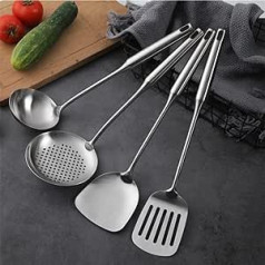 304 Stainless Steel Kitchen Utensil Set, 4-Piece Stainless Steel Cooking Utensils, Spatula, Soup Ladles, Strainers and Spatula, Dishwasher Safe