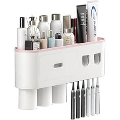 Toothbrush Holder, Wall Mounted Toothbrush Holder with Double Automatic Toothpaste Dispenser with 6 Brush Slots, 3 Cups and Drawer for Bathroom