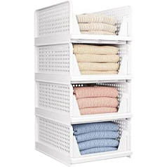 CTSNSLH 4 Pieces Foldable Closet Organizer Storage Boxes, Stackable Plastic Drawer Basket for Clothes (White)