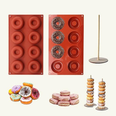 HYCSC Silikon-Donut-Pfanne mit 8 Fassungsvermögen, 2 antihaftbeschichtete Donut-Formen mit Donut-Ständer, ideāls für Donut-Maker und Mini-Donut, leicht zu reinigen und spülmaschinenfest (mit Ständer)