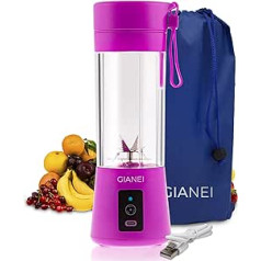 Gianei Portable Blender Smoothie Maker - Small Juicer for Vegetables and Fruits, Smoothie Mixer to Go with Carry Bag, USB Rechargeable Battery Mixer, 380 ml Cup, 6 Stainless Steel Knives (Purple)