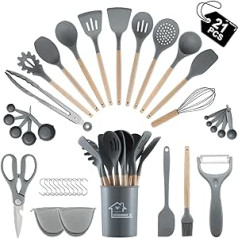 21 Piece Kitchen Utensils, BEWOS Silicone Kitchen Utensil Set with Spatula, Utensil Holder and Measuring Spoon, Non-Stick Heat-Resistant, Grey Kitchen Helper, Wooden Handle 21P