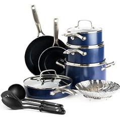 Zilā dimanta virtuves piederumi, dimanta tekstūras keramikas, nepiedegošs 14 daļiņu katlu un pannu komplekts, iekļautas pannas, pannas, pannas, gatavošanas katli, trauki, nesatur PFAS, var mazgāt trauku mazgājamajā mašīnā, cepeškrāsnī, zils