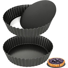 LOLYSIC Quiche-Dosen mit losem Boden, 24 cm, skapītis Boden, geriffelte Flanformen, Karbonstahl-Tortenformen mit Losm Boden, antihaftbeschichtete Tortenformen, Schwarz, 2 Stück