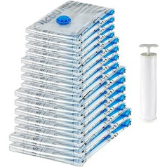 Amazon Basics vakuuma maisiņi drēbēm ar hermētisku vārstu un rokas sūkni – 2 x X-Jumbo, 5 x Jumbo, 4 x Large, 4 x Medium, 15 Pack, Clear