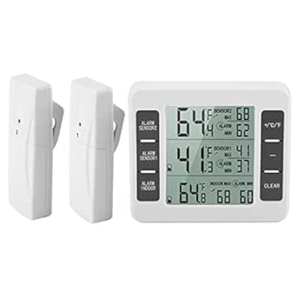 Ejoyous Fridge Thermometer, Digital Freezer Thermometer, Wireless Thermometer with 2 Sensors and Acoustic Alarm, Refrigerator, Freezer, Indoor Outdoor Thermometer, for Kitchen, Home, Motorhome