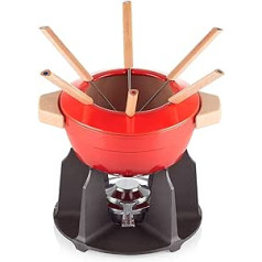 Le Creuset Gusseisen Fondue-Set, Inkl. 2 Holzgriffen, Spritzschutz, Rechaud und 6 Fonduegabeln, 2,0 L Volumen, Kirschrot, 60612000602460