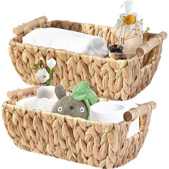 OUTBROS Storage Basket Shelf Basket Made of Water Hyacinth, Braided Baskets for Organization with Wooden Handle, Set of 2 Decorative Organiser Box for Worktop, Toilet Paper Basket for Toilet