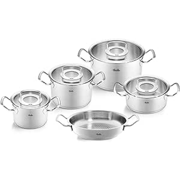 Fissler Original Profi Collection nerūsējošā tērauda kastroļu komplekts, 5 gabali, katli ar stikla vākiem (3 gatavošanas katli, 1 sautēšanas panna 1 servēšanas panna) - indukcijas