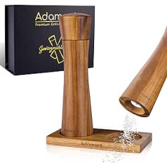 Adamant Salt and Pepper Mill Set [21 cm] Made of Acacia Heartwood with Saucer - Spice Mill for Himalayan Salt and Fresh Pepper - Wedding Gift Salt Mill - with Ceramic Grinder