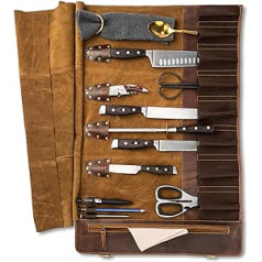 Angus Stoke Premium Leather Knife Bag XXL - 14 Compartments | Chef's Knife Roll Bag Made of High-Quality Water Buffalo Leather with Carry Strap | Rene Cooking Bag, Walnut Brown, Roll Knife Pouch