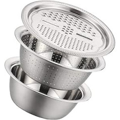 3 Piece Colander with Bowl Multifunctional Drain Basket Vegetable Cutter 3 in 1 Cheese Grater Drain Bowl Stainless Steel Strainer Bowl 26 cm for Rice Vegetable Salad Maker Bowl