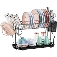 Rorence Dish Drainer 2-Tier Steel Dish Drainer with Utensil Holder and Drip Tray for Kitchen, Black