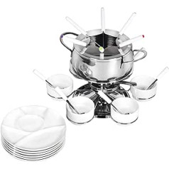 Ribelli fondue set, 28 piece stainless steel set, 6 x forks, spoons, plates, bowls for cheese fondue, meat fondue, ideal for 6 people