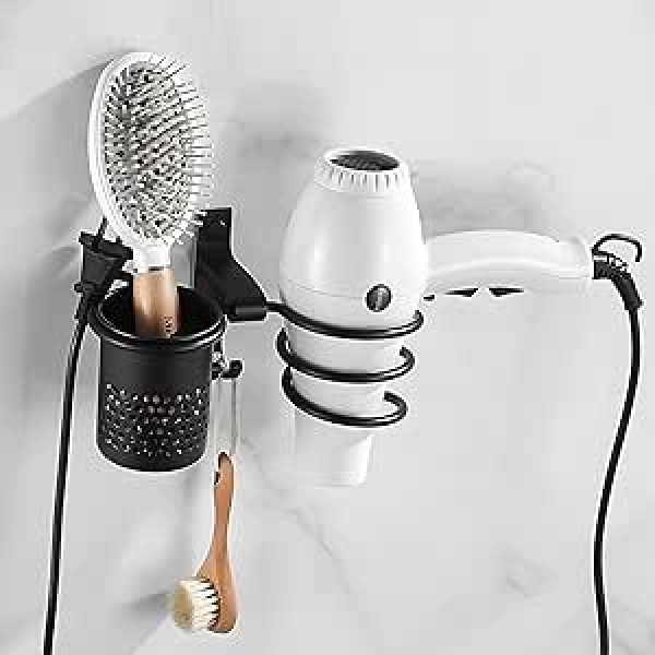 Heilmetz Hair Dryer Holder Black Hair Dryer Holder for Bathroom Hair Dryer Shelf Storage Rack with Hook + Basket, Drilling or Self-Adhesive Holder for Hair Care Tools, Curling Iron