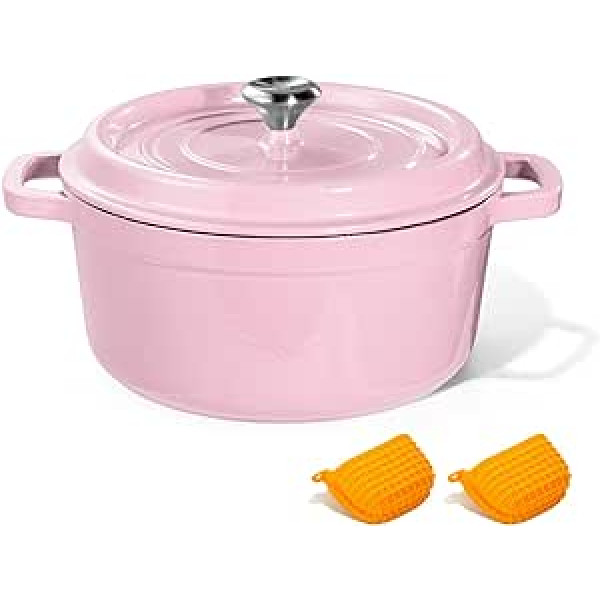 Dutch Oven Pot with Lid, Enameled Cast Iron Coated Dutch Oven 6QT Deep Round Oven, Non-Stick Pan with Dual Handle for Braising Broiling Bread Baking Frying, for Open Fire Stovetop Camping Pink