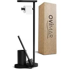 ovimar Tysnes 3-in-1 Stand Toilet Brush Set in Black, Toilet Brush Set with Silicone Brush Head, Toilet Roll Holder and Smartphone Shelf, Very Space-Saving, Elegant Bathroom Organiser in Stainless