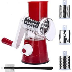 DOVR Rotary Cheese Grater with Handle, Cheese Chopper Quick Slicer for Kitchen with 3 Interchangeable Blades, Vegetable Slicer, Parmesan Cheese Grater, with Suction Cup Base (Red)