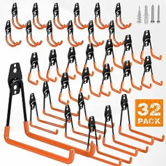 GUDEMAY Garage Wall Hooks, Pack of 32 Garage Hooks, Double Hooks, Heavy Duty with Screws, Wall Mount Hooks for Tools, Bicycles, Garden Tools, Storage, Garage Organisation, Load Hooks (Orange)