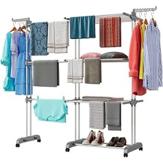 Shrivee Clothes Airer Tower, 3 Levels with 6 Folding Wings, Extendable Length 66-130 cm, Foldable Washing Airer for Indoor and Outdoor Large Families, Made of Stainless Steel Bed Linen