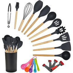 Alitade 21 Piece Kitchen Utensils Set, Black Silicone Cooking Utensils, Spatula, Non-Stick Cookware Set with Measuring Spoons, Gadgets, Tools