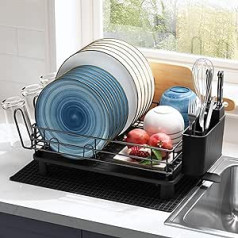 Qienrrae Dish Drainer Dish Drainer Stainless Steel Dish Drainer with Rotating Drain Spout, Utensil Holder and Drying Mat, Dish Drainer for Kitchen Sink, Black