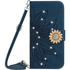 Vqwq Mobile Phone Case for Oppo Realme C53-1.5M Lanyard Glitter Sunflower Protective Case for Oppo Realme C53 / Realme Narzo N53 Leather Case Card Slot Flip Case Magnet [HT04]-Blue-T