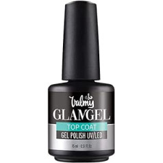 Valmy GlamGel Top Coat daļēji pastāvīga gēla nagu laka UV/LED virskārta, daļēji pastāvīga UV nagu lakas hermētiķis ar spīdumu profesionālai un ilgstošai apdarei, 15 ml (1 vienība)