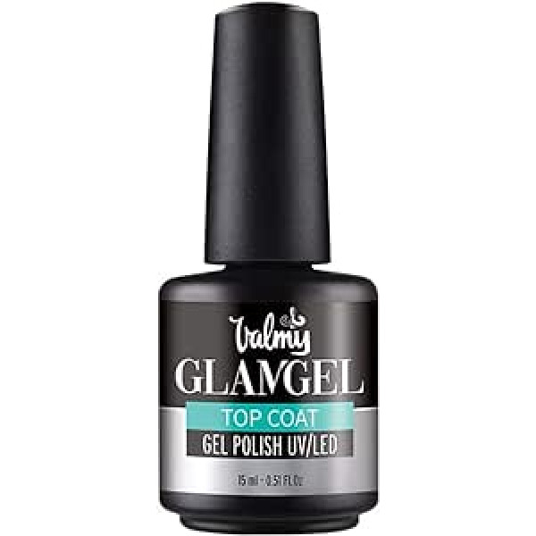 Valmy GlamGel Top Coat daļēji pastāvīga gēla nagu laka UV/LED virskārta, daļēji pastāvīga UV nagu lakas hermētiķis ar spīdumu profesionālai un ilgstošai apdarei, 15 ml (1 vienība)