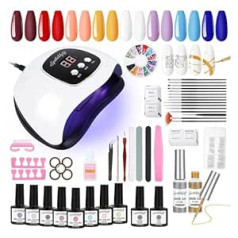 Spththhpy Nail Set Gel Nails Starter Set, Gel Nail Polish Kit with 48 W UV Lamp, 8 Nail Polish with Base & Top Coat + 6 Colours UV Gel with 15 Brushes, 100 Nail Tips, Complete Nail Studio Set