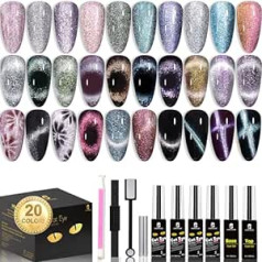 Clara Colors Cat Eye gēla nagu lakas komplekts, 20 krāsu magnētiskā nagu laka hologrāfiskā Glitter Galaxy sērija ar 4 magnētiem melnbaltu bāzes želeju un pamatnes pārklājumu, kas iesūcas no UV LED