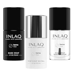 Inlaq ® HEMA Free Top Coat Extra + Base Coat + Nail Prep Dehydrator | 7 ml nagu sagatavošanas kārta, 6 ml virskārtas un 6 ml bāzes pārklājuma komplekts, pilns komplekts augšējai un pamatnei hibrīda lakām