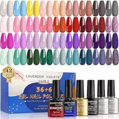 Lavender Violets UV Gel Nail Polish 42 Pieces Macaron Rainbow Tones 36 Colours with Base and Matte Shiny Diamond Glow in the Dark Top Coat Soak Off LED Nails Manicure Kit C951