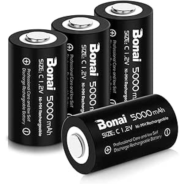 BONAI C akumulators 5000 mAh Baby C uzlādējamās baterijas, lielas ietilpības C akumulators NiMH 1,2 VC elementi, atkārtoti uzlādējami C akumulatori ar zemu pašizlādes līmeni un ilgu kalpošanas laiku (4 papakojumā)