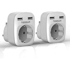 TESSAN 2 Pack Travel Adapter Apvienotās Karalistes adapteris Anglija Vācija Spraudnis ar 2 USB ligzdu Adapteris Ceļojumu spraudnis Strāvas adapteris Īrijai Lielbritānija Sienas lādētāja uzlādes stacijas adaptera ligzda