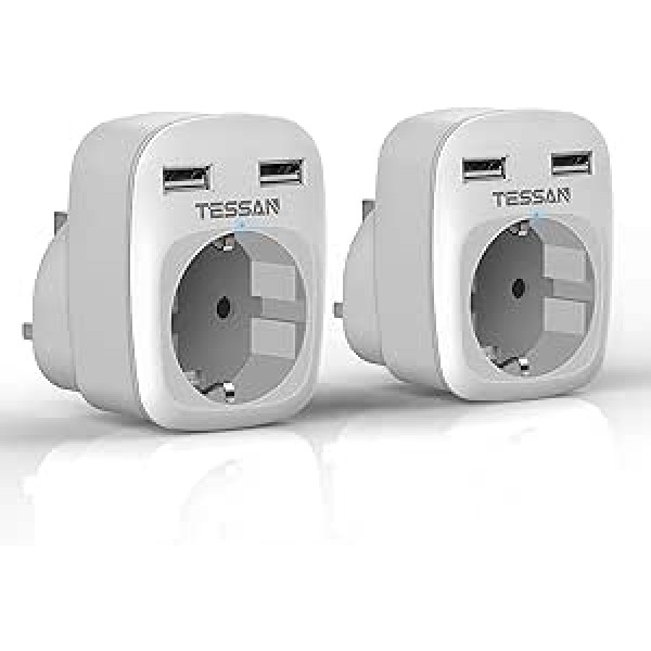 TESSAN 2 Pack Travel Adapter Apvienotās Karalistes adapteris Anglija Vācija Spraudnis ar 2 USB ligzdu Adapteris Ceļojumu spraudnis Strāvas adapteris Īrijai Lielbritānija Sienas lādētāja uzlādes stacijas adaptera ligzda