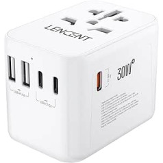 LENCENT universālais ceļojumu adapteris GaN III 30 W, starptautisks adapteris ar 2 USB-A un 3 USB-C PD ātrās uzlādes pieslēgvietām, vispasaules ceļojumu spraudņa adapteris A/C/G/I tipam, ASV/AK/ES/AUS ligzdas, balts