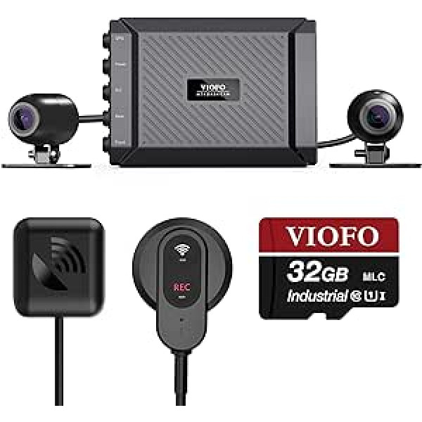 VIOFO MT1 motocikla paneļu kamera priekšējā un aizmugurējā 1080P divkanālu ūdensizturīga motocikla kamera 170 grādu leņķī, iebūvēts WiFi, GPS, G-sensors, automātiska ieslēgšana/izslēgšana, iekļauta 32 GB SD karte