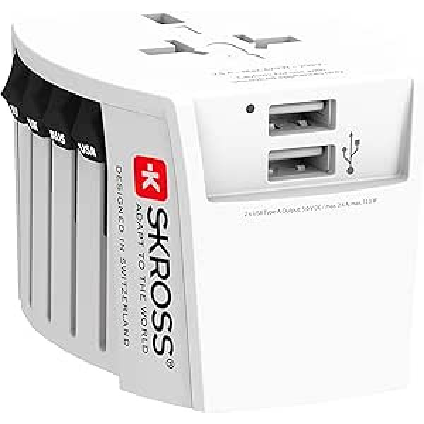 SKROSS | 1,302960 | MUV USB (2xA) | Universāls 2 kontaktu ceļojumu adapteris — komplektā ar 2 USB uzlādes pieslēgvietām. Spriegums un jauda: 100V - 250W / 250V - 625W aizsardzība pret triecienu