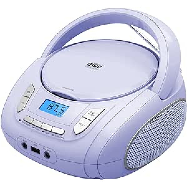 Pārnēsājams kompaktdisku atskaņotājs bērniem — radio CD Boombox ar Bluetooth, FM radio, USB ievadi un AUX portu un austiņu ligzdu, CD atskaņotājs lietošanai mājās vai ārā (gaiši violets)