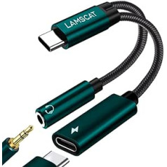 LAMSCAT USB C austiņu adapteris un uzlāde, 2 in-1 C tipa līdz 3,5 mm ligzdas adapteris, atbalsta 60 W ātru uzlādi tālruņiem Samsung S22/S21/S20+/Note 20/Note10, Huawei P40/Mate40/30/Mini 6 un citiem tālruņiem (zaļš)