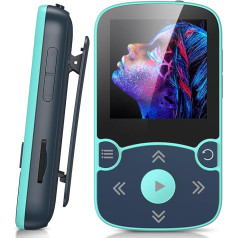 AGPTEK MP3 atskaņotājs Bluetooth 5.0 Sport 32 GB ar 1,5 collu TFT krāsu ekrānu, mini mūzikas atskaņotājs ar klipu, atbalsta līdz 128 GB SD karti, ar neatkarīgu skaļuma pogu, FM radio, pedometrs, zils