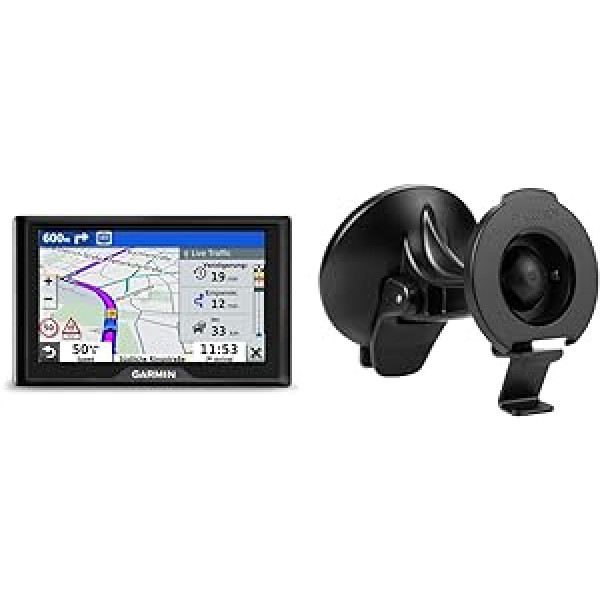 Garmin Drive 52 MT EU — navigācijas ierīce ar 5 collu (12,7 cm) krāsu displeju, iepriekš instalētām Eiropas kartēm (46 valstis), augstākās kvalitātes satiksmi (TMCpro), izmantojot RDS un viedtālruņa saites lietotni un piesūcekņa stipri