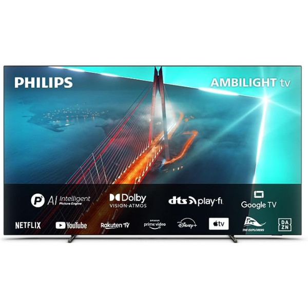 Philips 4K OLED Ambilight TV|OLED708|139 cm (55 zolli)|4K|120Hz|P5 AI Perfect Picture Engine|HDR10+|Google Smart TV|Dolby Atmos|20 W Lautsprecher|Ständer|Prime|Netflix|YouTube|Google asistents|Alexa|